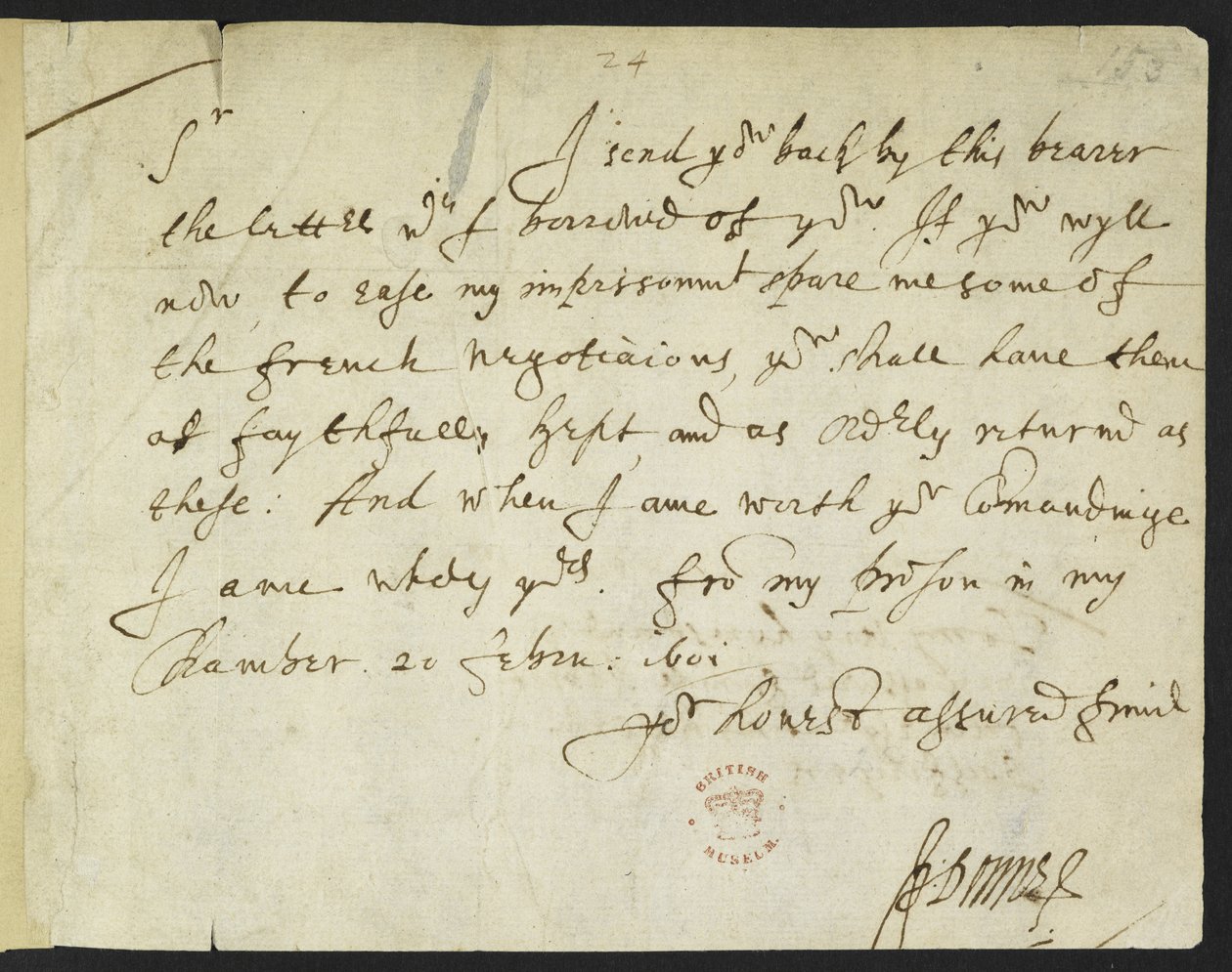 Cotton Julius C. III, f.153 Autografbrev fra John Donne til Sir Robert Cotton, skrevet fra fengselet, 20. februar 1601 (blekk på papir) av John Donne