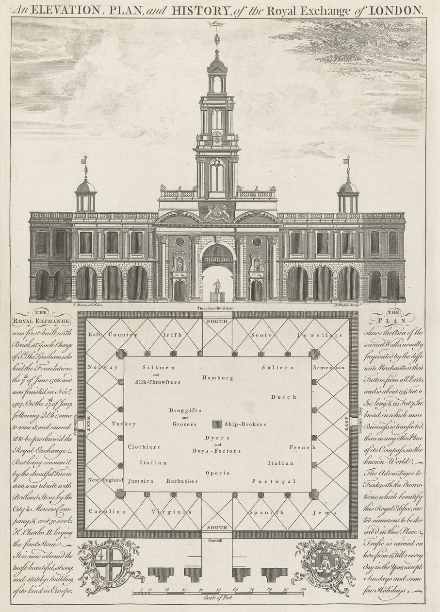 En høyde, plan og historie til Royal Exchange of London av John Donowell