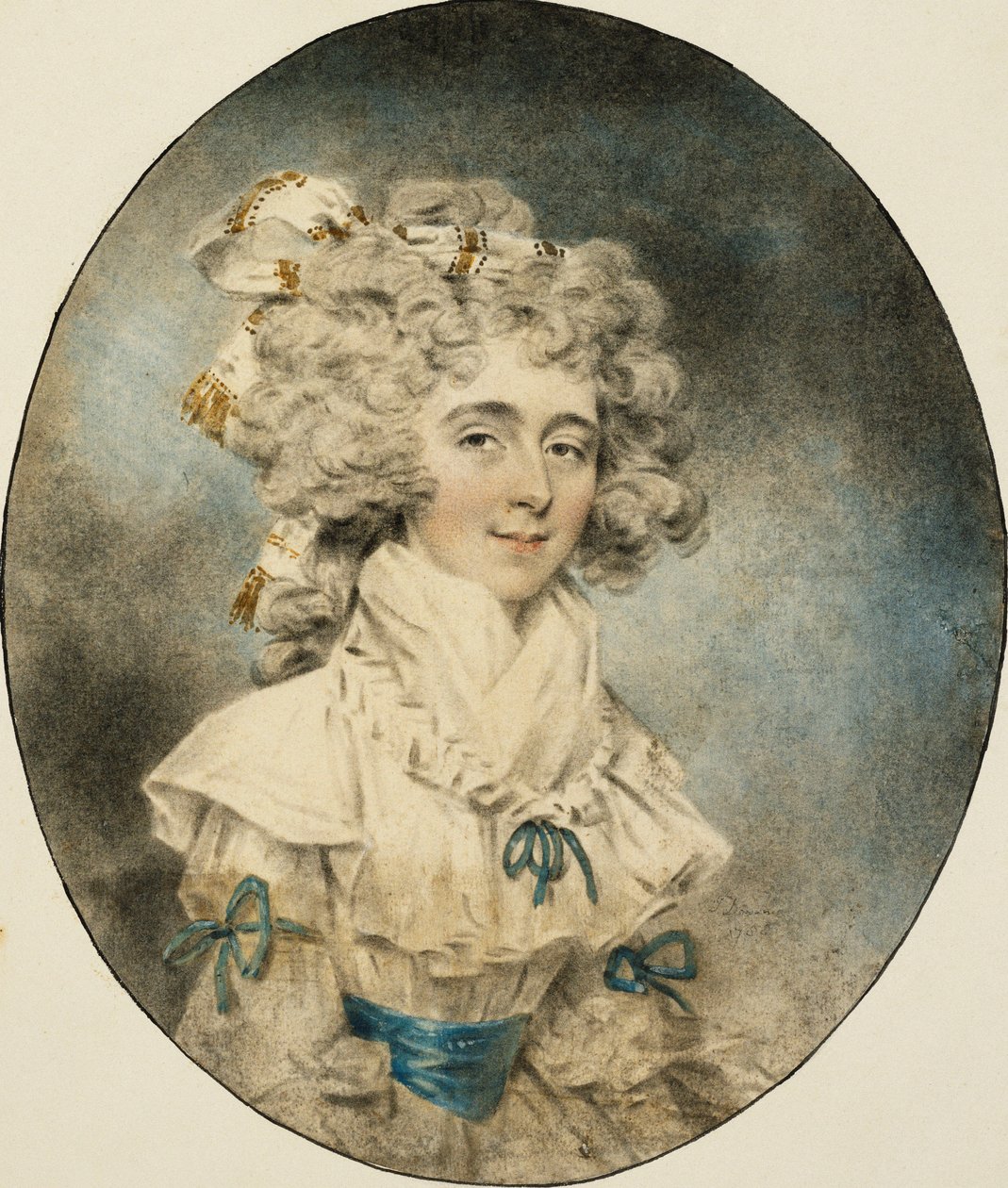Portrett av Mrs. Fisher, halv lengde, i en hvit kjole prydet med blå bånd, 1788 av John Dowman