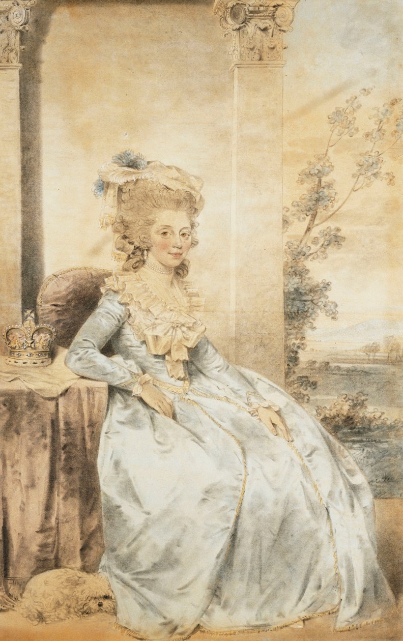 Portrett av dronning Charlotte, sittende ved et bord med et landskap utenfor, 1784 av John Dowman