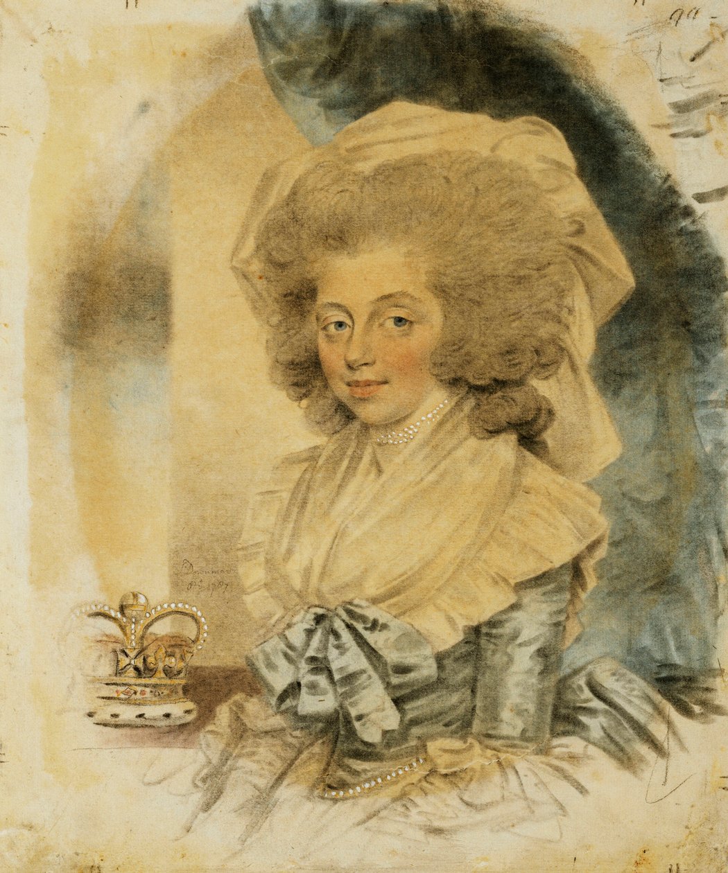 Portrett av dronning Charlotte, liten halvlengde iført en blå og hvit kjole, kronen hennes ved siden av henne, 1787 av John Dowman