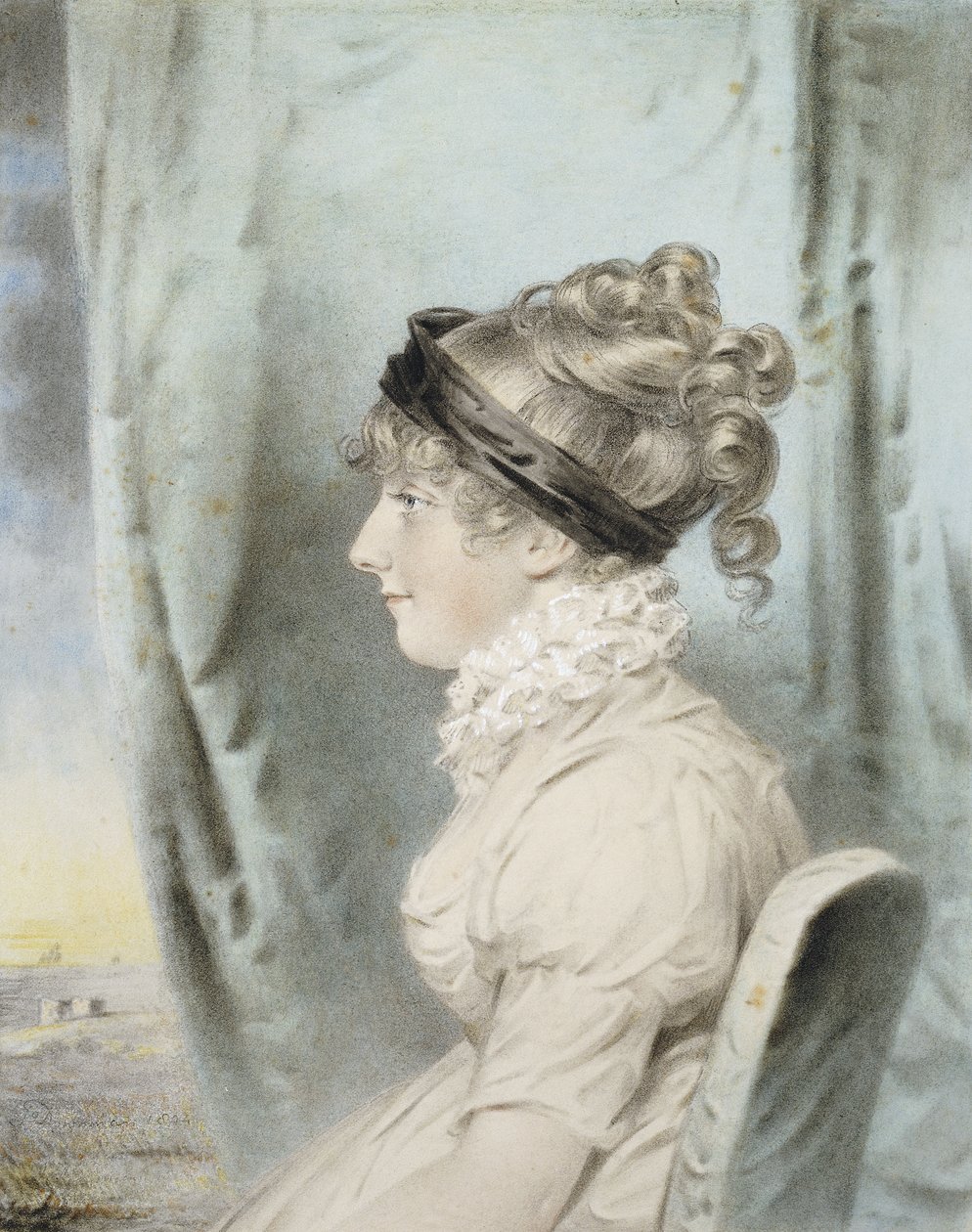 Portrett av en dame, identifisert som Eliza Were Holdsworth, sittende, halv lengde, i profil til venstre, i en hvit kjole og med et svart hårbånd, ved siden av draperi, med kystutsikt utover, 1804 av John Dowman