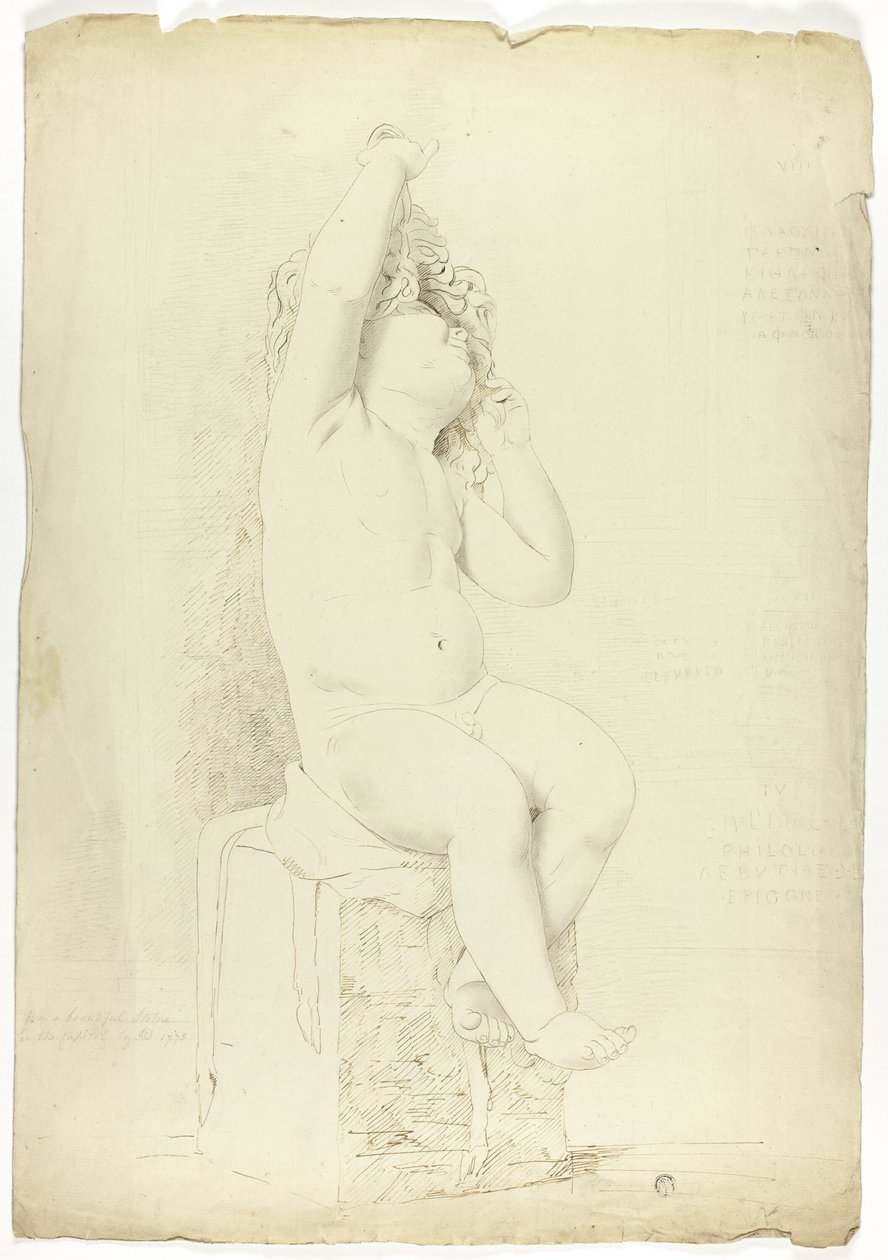 Gammel statue av sittende Putto som leker med maske av John Downman