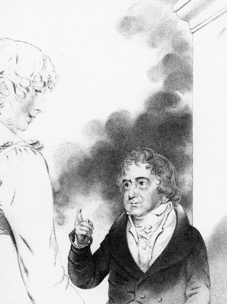 Grev Jozef Boruwlaski med kunstnerens datter, Isabella Chloe Downman, gravert av William Thomas Fry, 1821 av John Downman