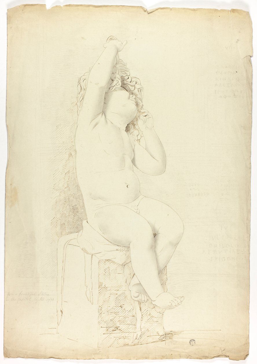 Gammel statue av sittende Putto som leker med maske av John Downman
