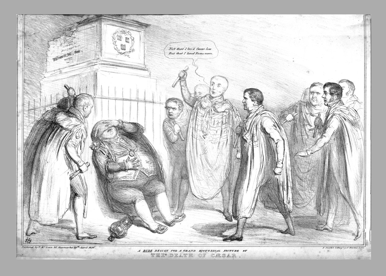 Et uhøflig design for et storslått historisk bilde av Cæsars død, 1836. av John Doyle