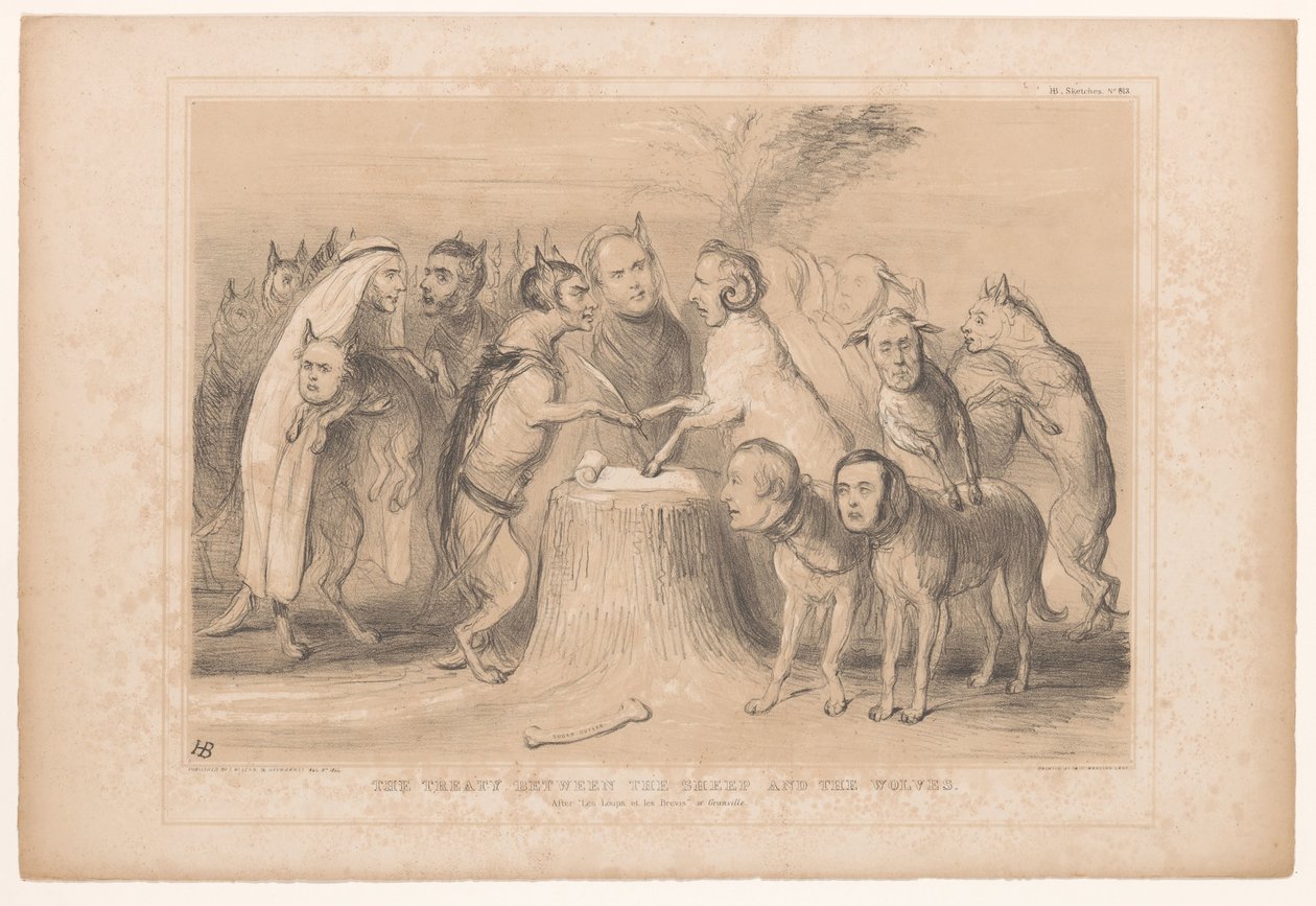 Pakt mellom ulven og skapen Avtalen mellom sauene og ulvene. Etter Les Loups et les Brevis av Granville (tittel på objekt) HB Sketches (serietittel på objekt) av John Doyle