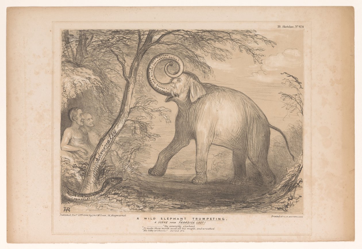 Spotprent møtte Lord Ellenborough som en vill olifant En vill elefant som utbasunerer. En scene fra Paradise Lost! (tittel på objekt) HB Sketches (serietittel på objekt) av John Doyle