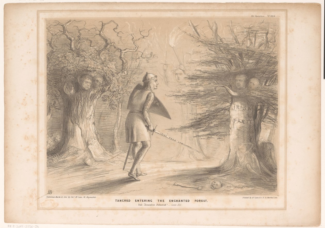 Spotprent møtte Lord Russell als Tancredi Tancred inn i den fortryllede skogen. Se Jerusalem levert. Canto XIII (tittel på objekt) HB Sketches (serietittel på objekt) av John Doyle