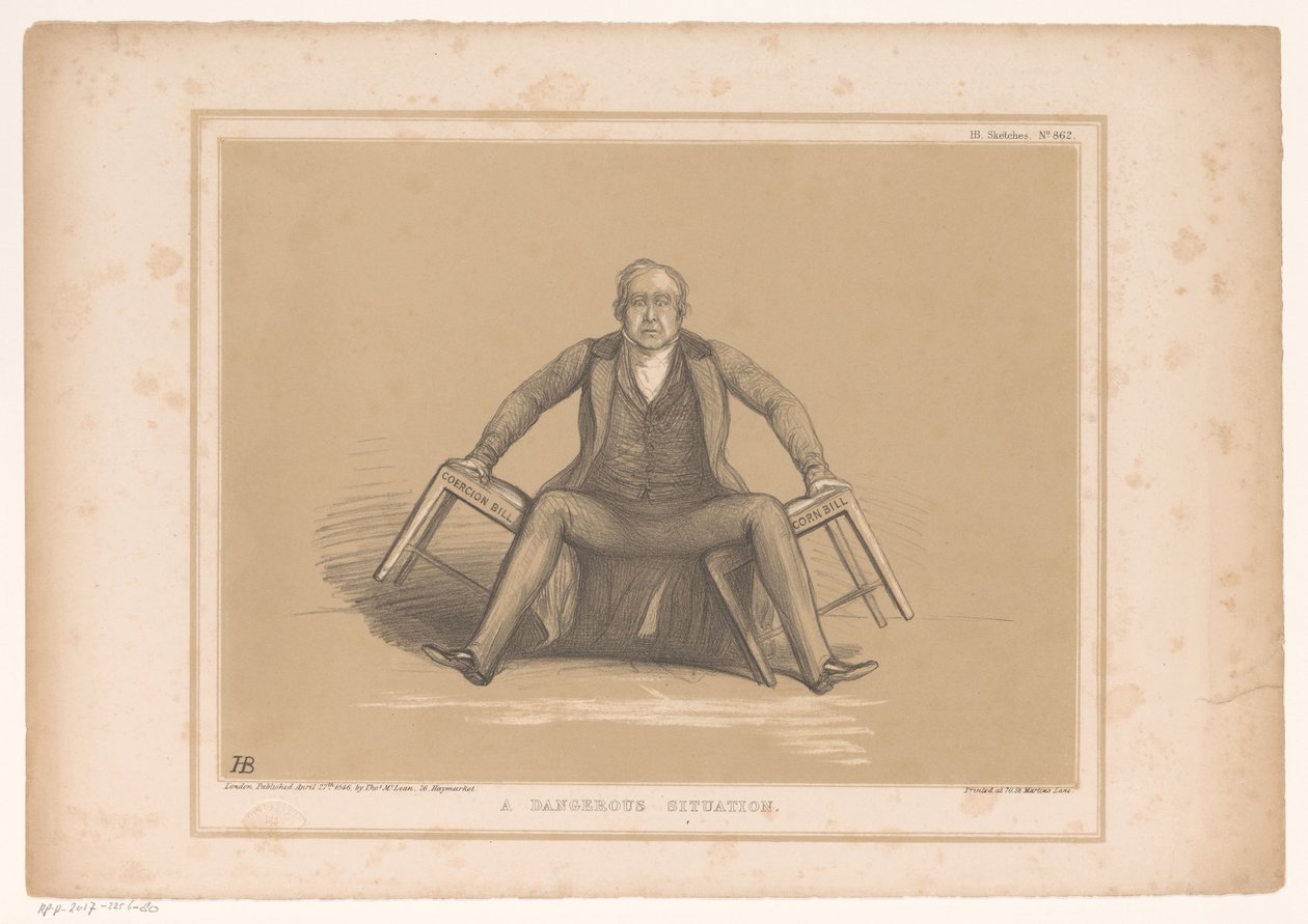 Tegneserie med Robert Peel som faller mellom to stoler En farlig situasjon (tittel på objekt) HB Sketches (serietittel på objekt) av John Doyle