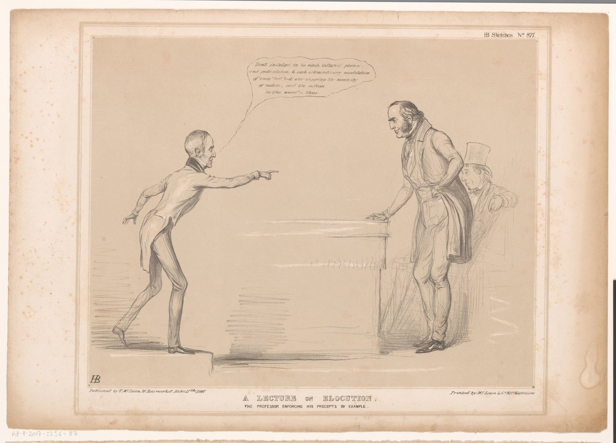 Spotprent møtte Roebuck og Lord Bentinck Et foredrag om elokusjon. Professoren håndhever sine forskrifter ved eksempel (tittel på objekt) HB Sketches (serietittel på objekt) av John Doyle
