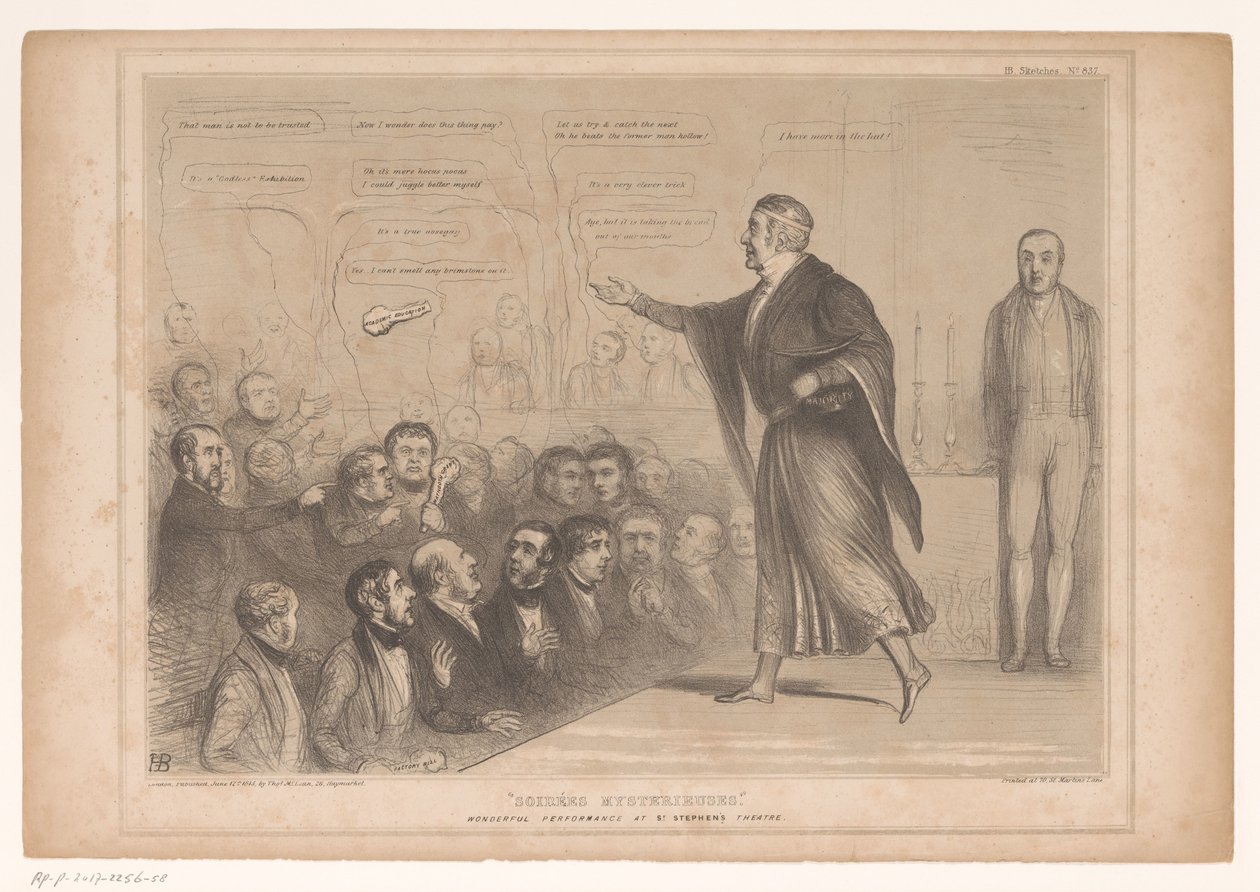 Spotprent møtte Sir Robert Peel som goochelaar Soirées mysterier. Fantastisk forestilling på St. Stephens teater (tittel på objekt) HB Sketches (serietittel på objekt) av John Doyle