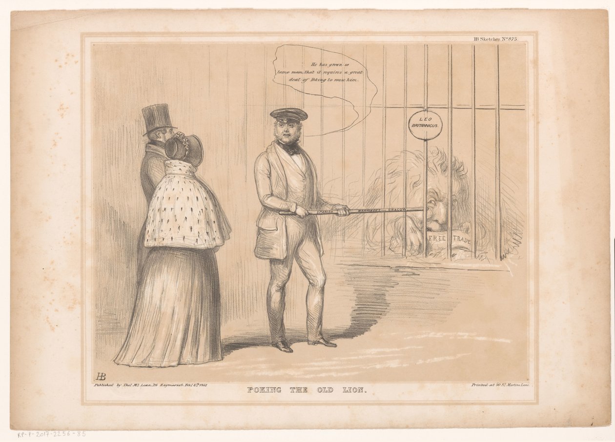 Tegneserie med dronning Victoria ved løveburet Stikke den gamle løven (tittel på objekt) HB Sketches (serietittel på objekt) av John Doyle