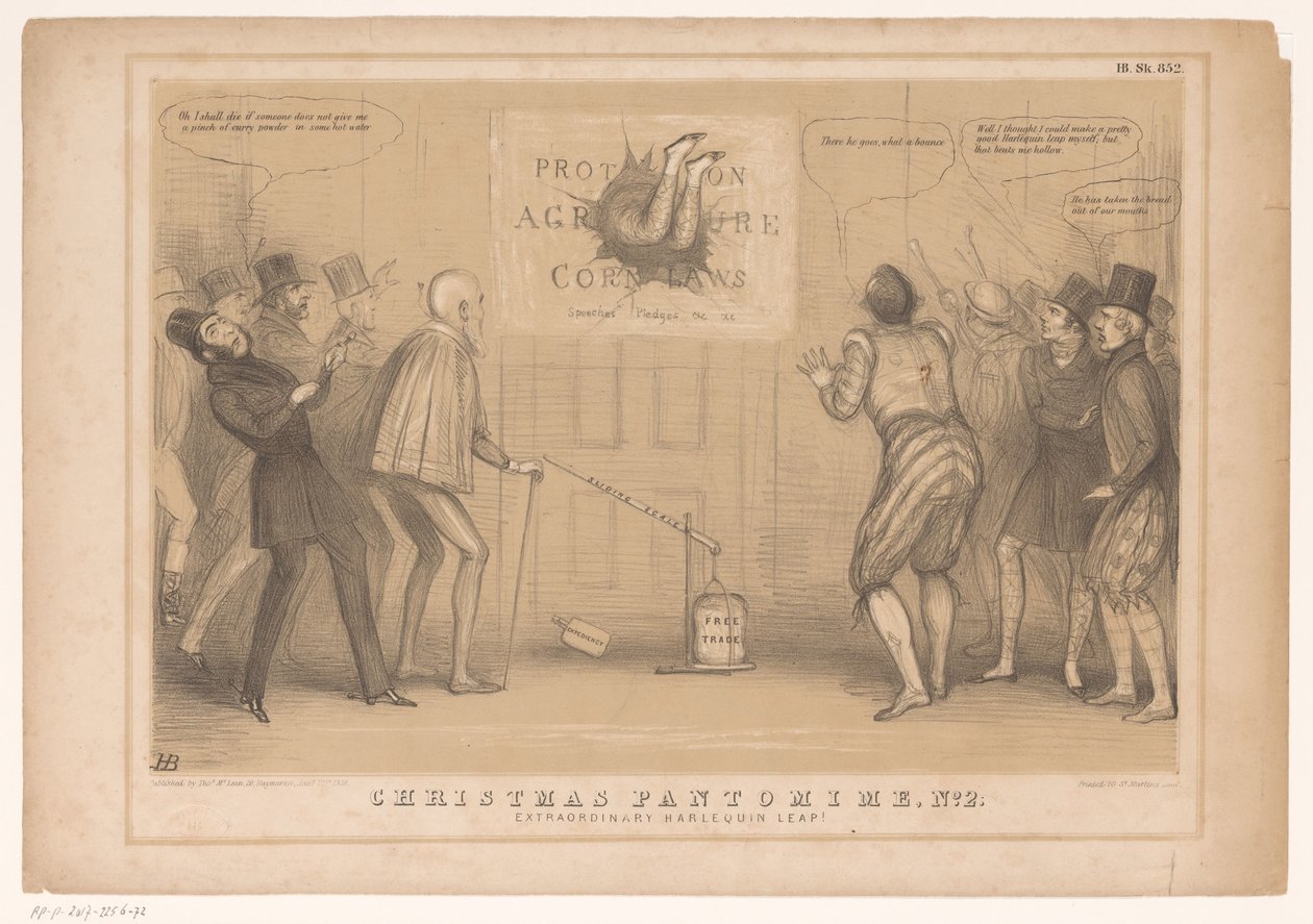 Tegneserie med statsminister Peel som Harlekin Julepantomime, nr. 2. Ekstraordinært harlekinsprang! (tittel på objekt) HB Sketches (serietittel på objekt) av John Doyle