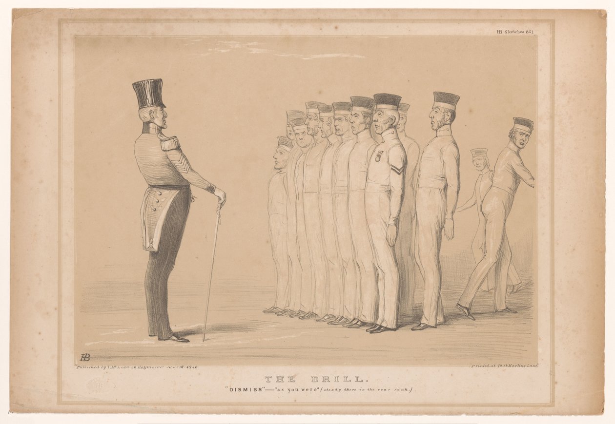 Spotprent møtte premier Peel als militaire instruktør Drillen. Avvis - som du var (støt der i bakre rang.) (tittel på objekt) HB Sketches (serietittel på objekt) av John Doyle