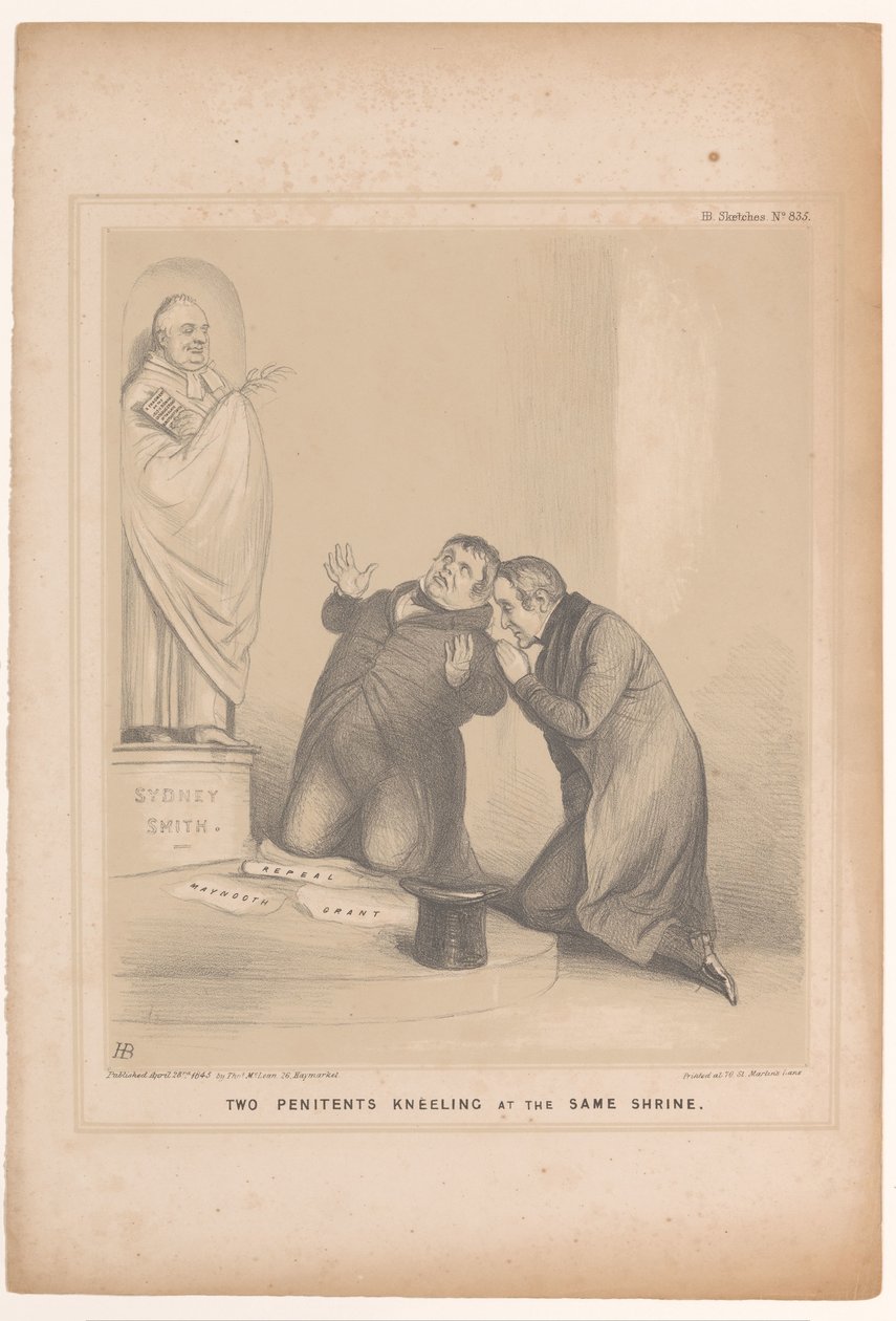 Spotprent møtte premier Robert Peel og Daniel O'Connell To angrende knelende ved samme helligdom (tittel på objekt) HB Sketches (serietittel på objekt) av John Doyle