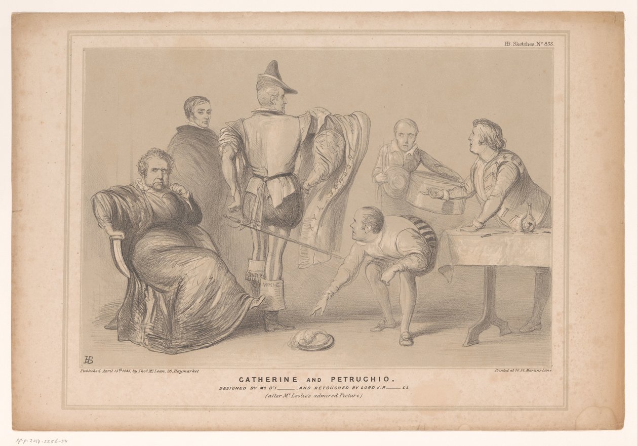 Spotprent møtte premier Robert Peel og Joseph Hume Catherine og Petruchio. Designet av Mr. D