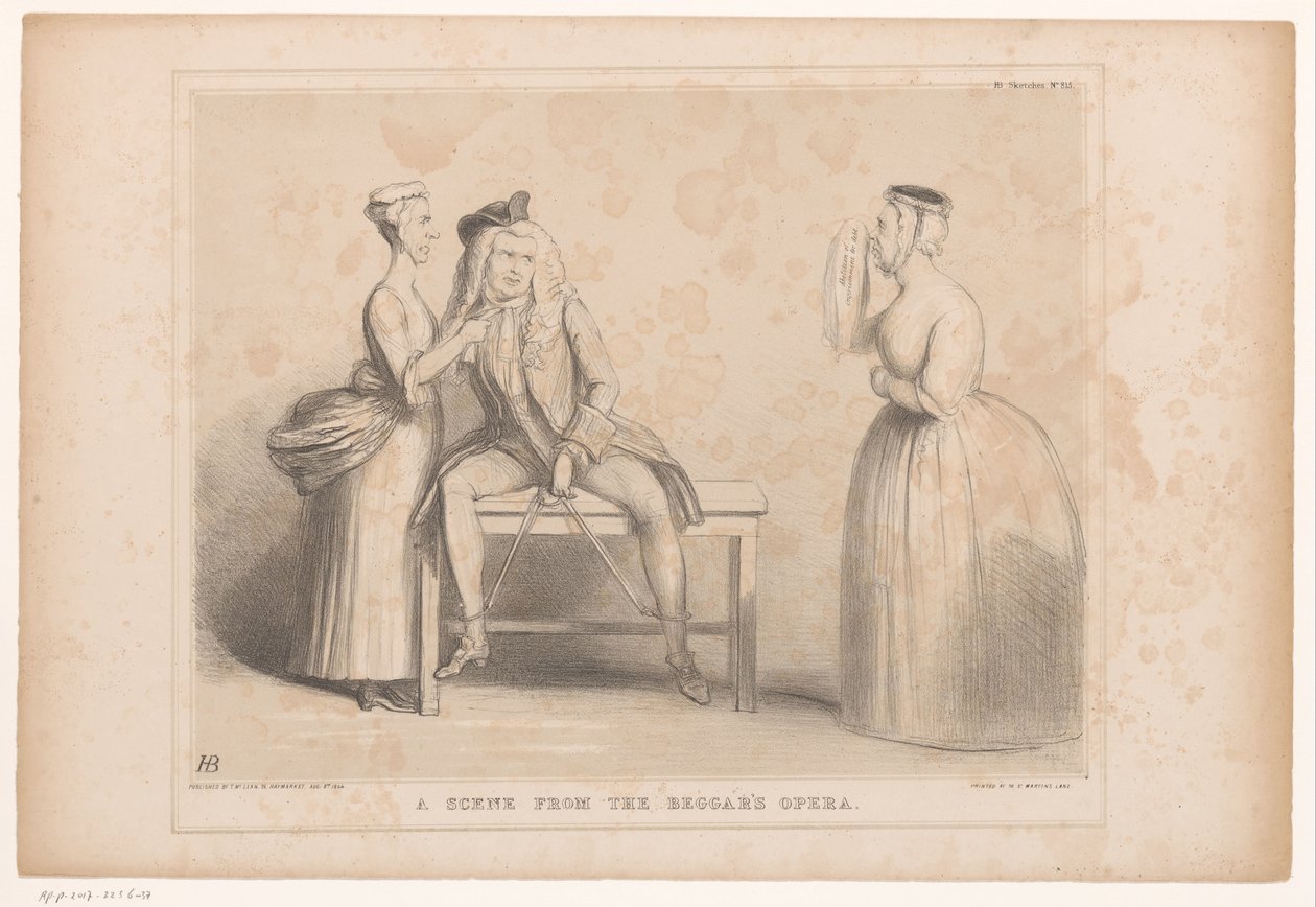 Spotprent met scène uit The Beggar's Opera Scene fra Tiggerens Opera (tittel på objekt) HB Sketches (serietittel på objekt) av John Doyle
