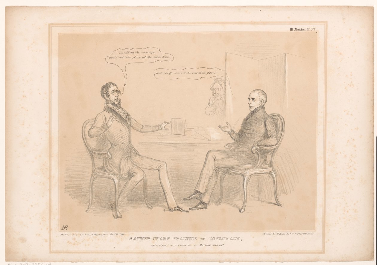 Spotprent op koninklijke huwelijken Ganske skarp praksis i diplomati, eller en nysgjerrig illustrasjon av Entente Cordiale (tittel på objekt) HB Sketches (serietittel på objekt) av John Doyle