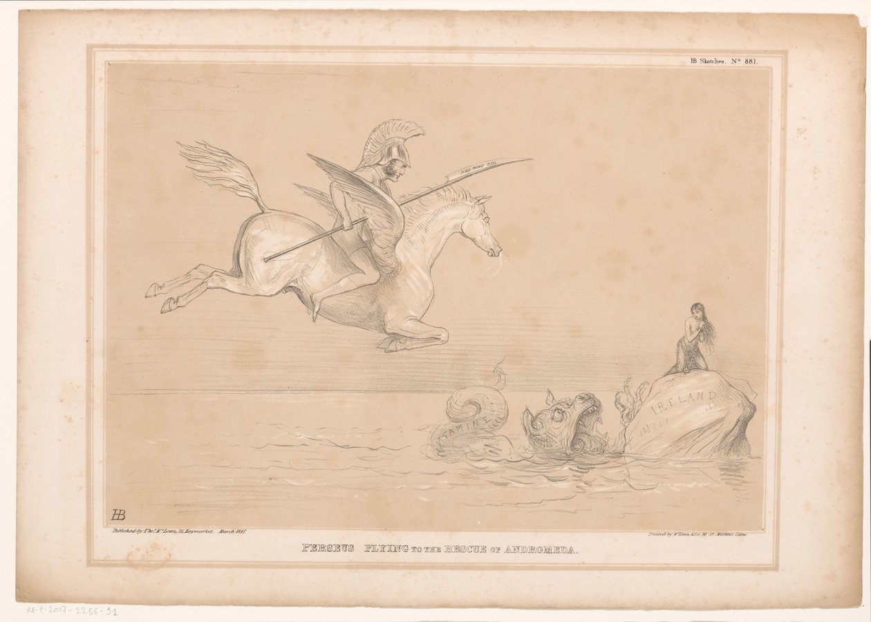Spotprent over "Irish Railway Bill" Perseus flyr til unnsetning av Andromeda (tittel på objekt) HB Sketches (serietittel på objekt) av John Doyle