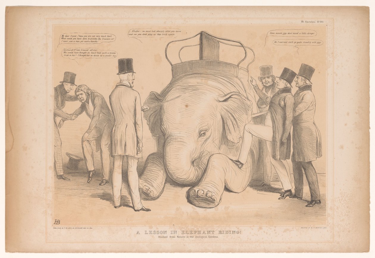 Spotprent over de aanstelling av Henry Hardinge som guvernør i India En leksjon i elefantridning! Studert fra Nature in the Zoological Gardens (tittel på objekt) HB Sketches (serietittel på objekt) av John Doyle