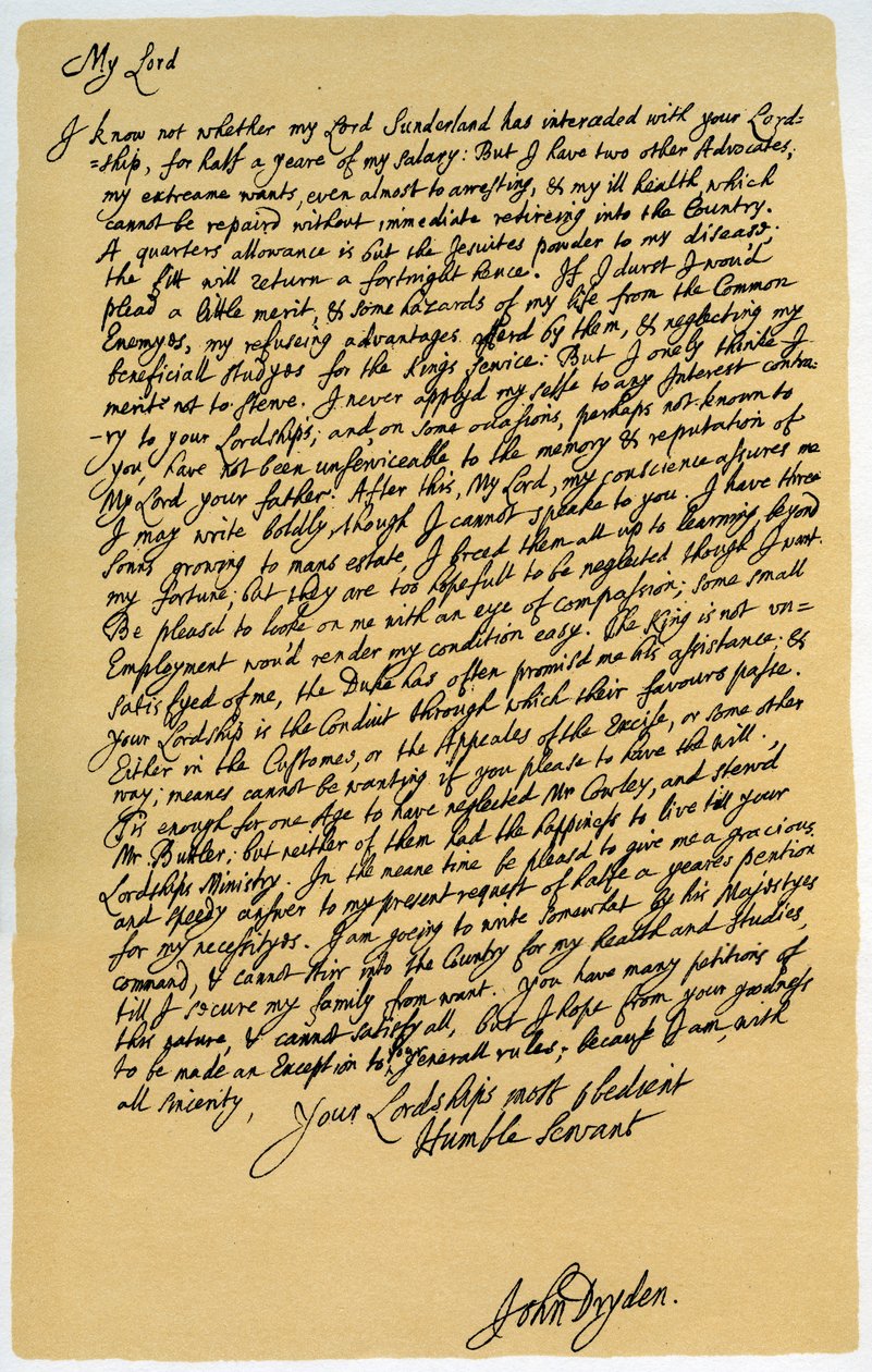 Brev fra John Dryden til Laurence Hyde, c1682-1683. av John Dryden