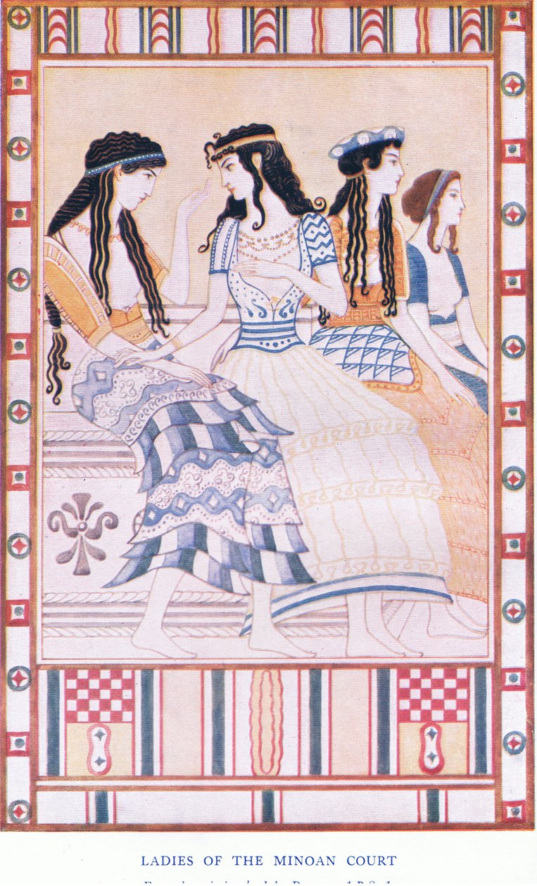 Ladies of the Minoan Court , illustrasjon fra Myths of Crete og Pre-Hellenic Europe pub. av Gresham Publishing Company Limited 1920-tallet (farge litho) av John Duncan
