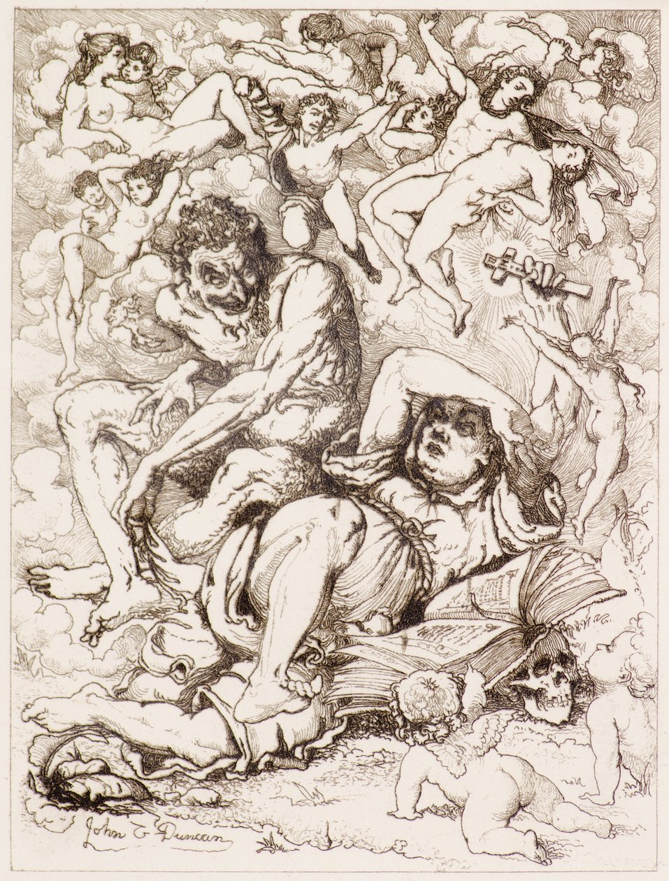Liggende figur holder kors, djevelen sitter i nærheten omgitt av flytende figurer (etsing) av John Duncan