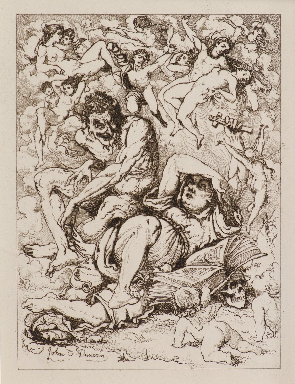 Liggende figur holder kors, djevelen sitter i nærheten omgitt av flytende figurer (etsing) av John Duncan