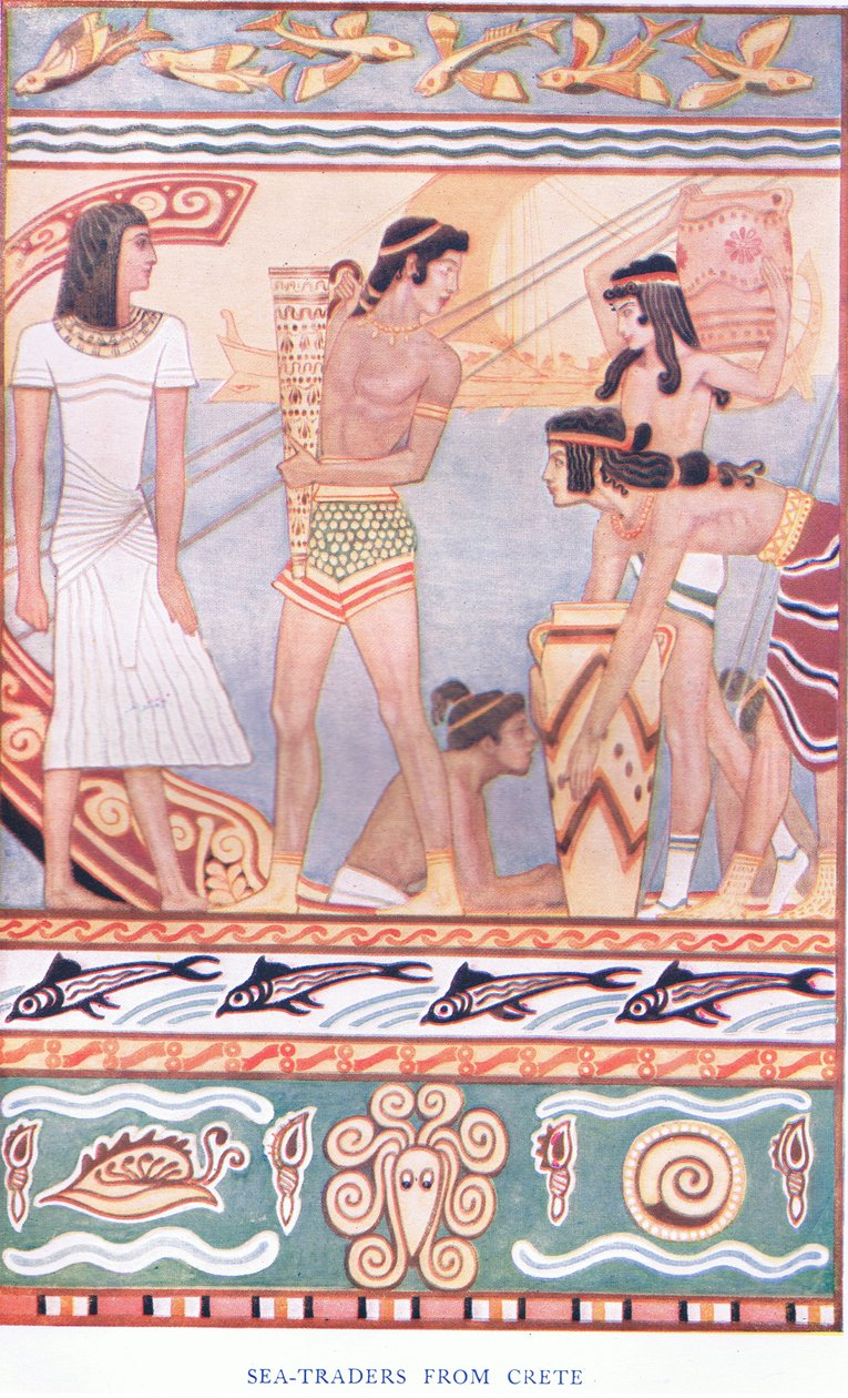 Havhandlere fra Kreta, illustrasjon fra Myths of Crete og puben Pre-Hellenic Europe. av Gresham Publishing Company Limited fra 1920-tallet av John Duncan