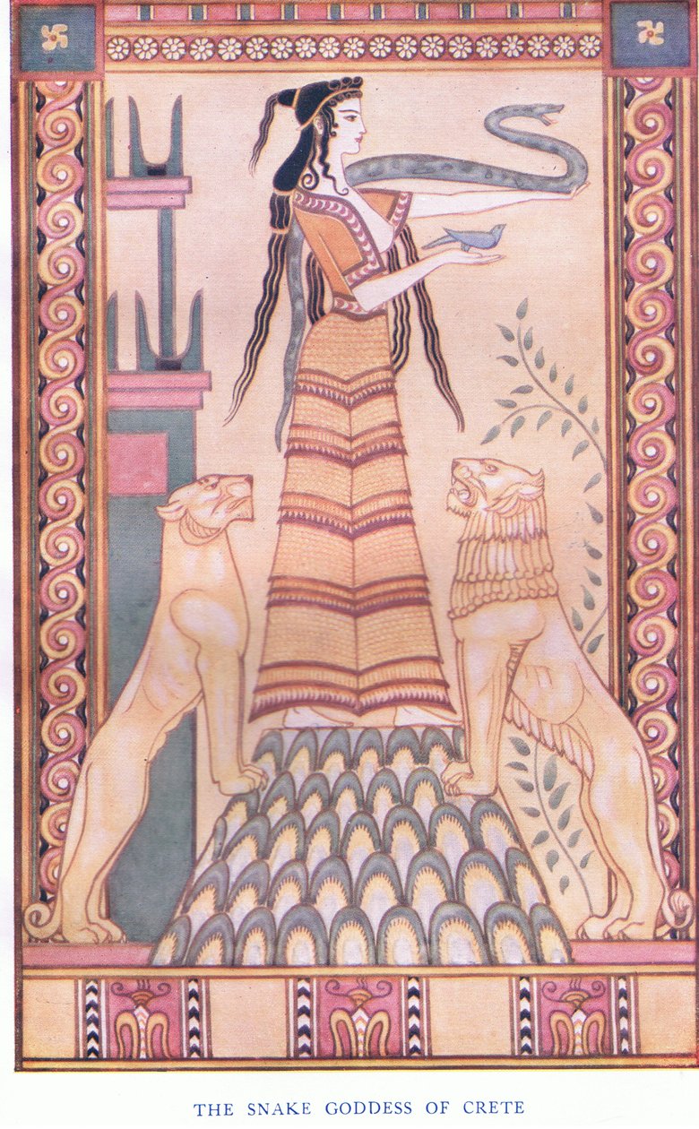 Slangegudinnen på Kreta, illustrasjon fra Myths of Crete og puben før Hellenic Europe. av Gresham Publishing Company Limited fra 1920-tallet av John Duncan