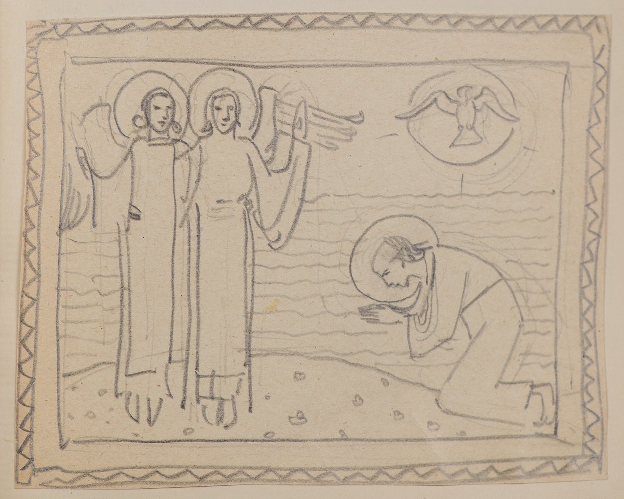 Uten tittel [Knelende figur og to engler] (blyant) av John Duncan