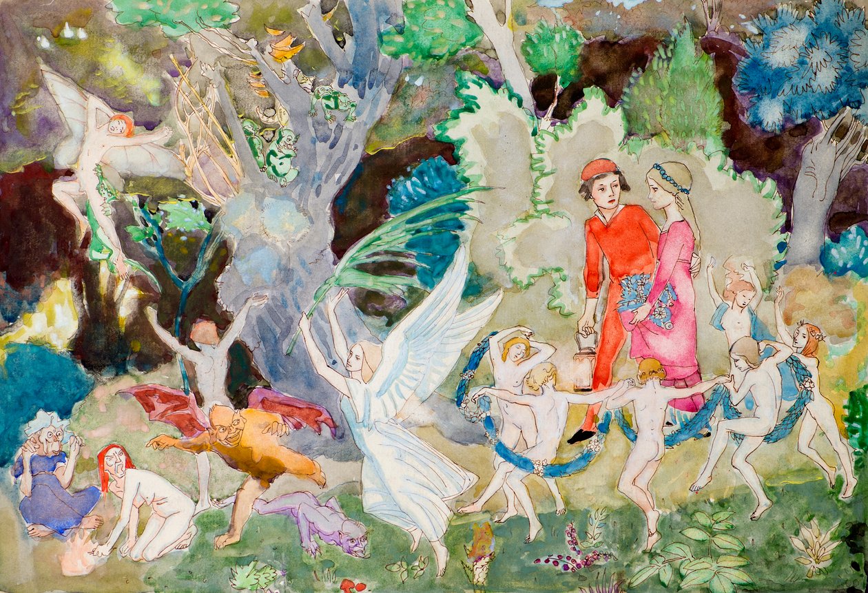 Yorinda og Yoringel in the Witches Wood (akvarell) av John Duncan