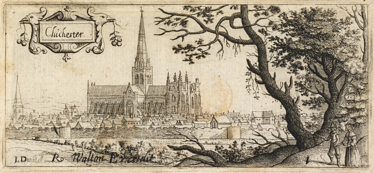 To skikkelser som står ved et stort tre på høyre side i forgrunnen; byen Chichester i det fjerne; bymurene som går gjennom scenen; Chichester Cathedral i midten av bildet, ca. 1660 (radering) av John Dunstall