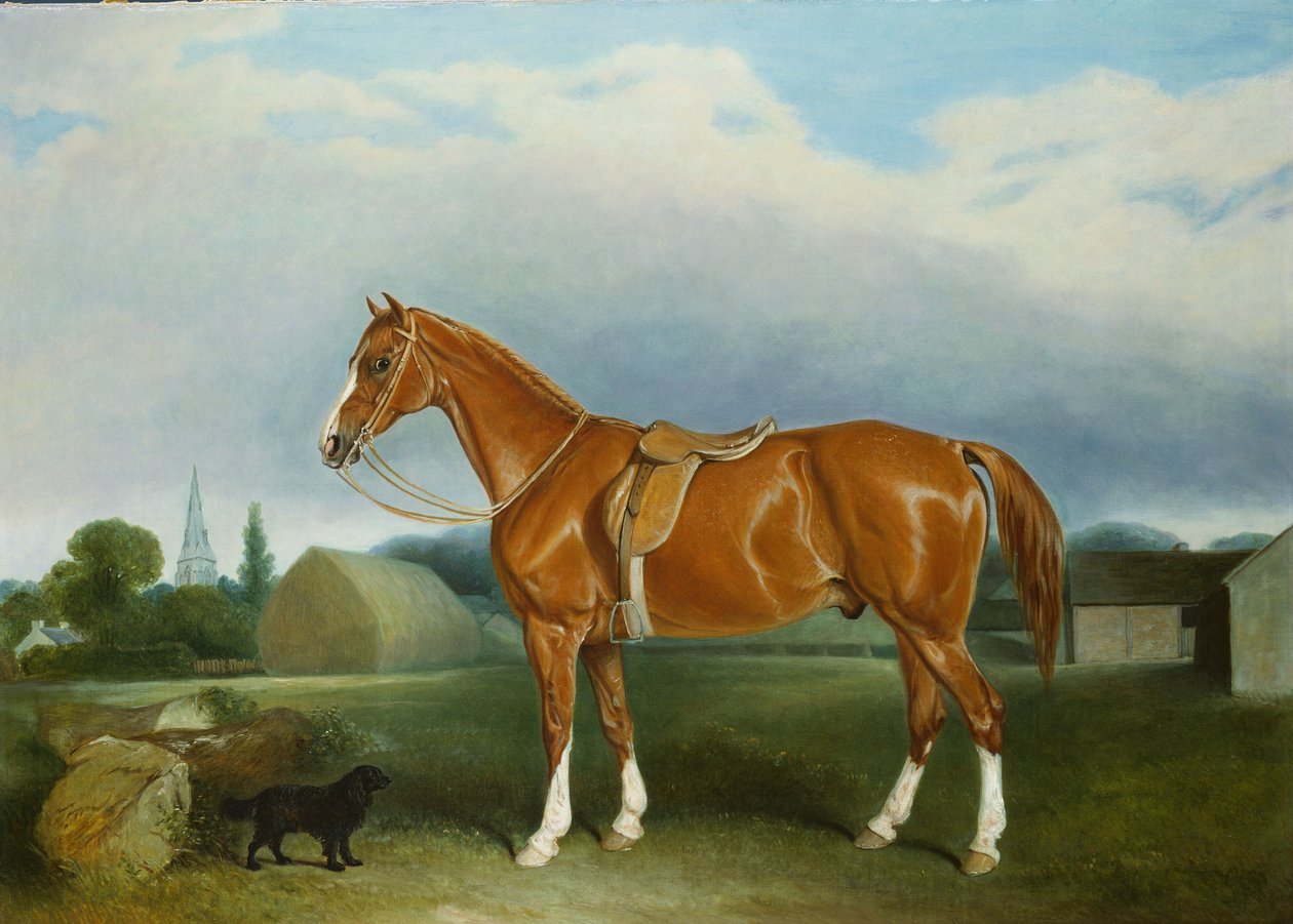 En kastanjejeger og en spaniel ved gårdsbygninger av John E. Ferneley