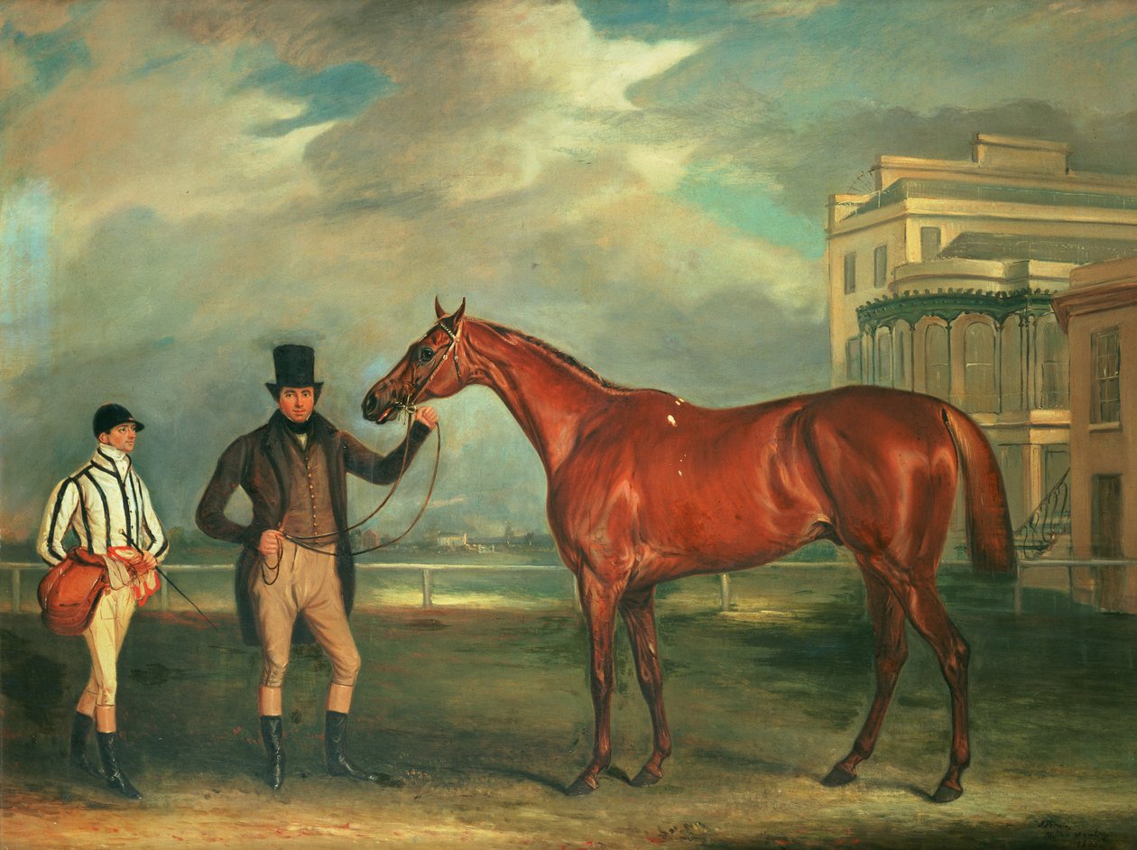 General Chasse, en kastanje veddeløpshest som holdes av treneren hans, med jockeyen hans, J. Holmes stående på Aintree veddeløpsbane, 1835 av John E. Ferneley