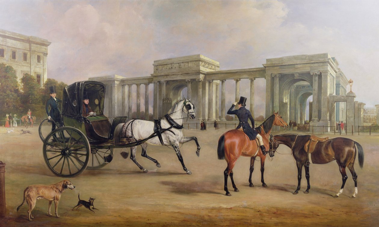 Mr. Massey Stanley med cabriolet og hacks på Hyde Park Corner, 1833 av John E. Ferneley