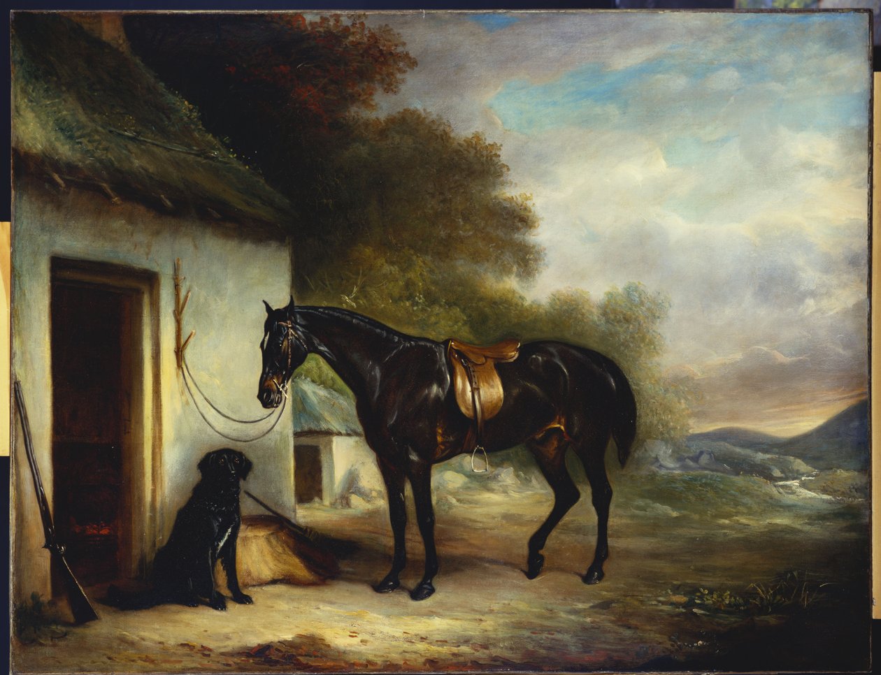 Mr. Stuarts favorittjeger, Vagabond og hans flatcoated retriever, Nell, ved en hyttedør, 1867 av John E. Ferneley