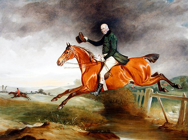 Portrett av George Marriott på sin buktjeger som tar et gjerde med en jakt bortenfor av John E. Ferneley