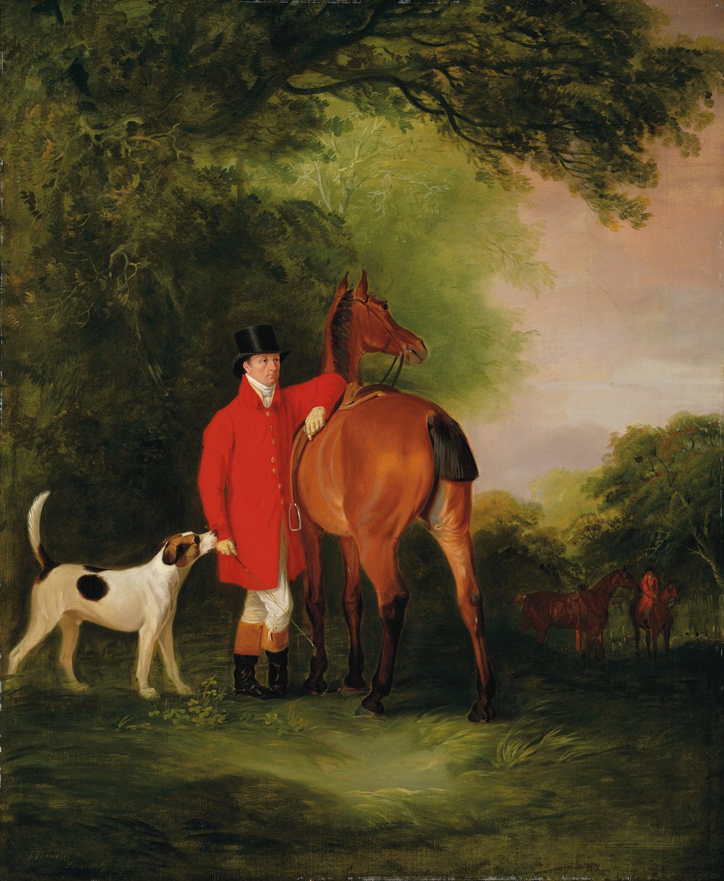 Portrett av Lord Lismore i en jaktfrakk med sin buktjeger og en jakthund, i et landskap, et jaktselskap bortenfor av John E. Ferneley