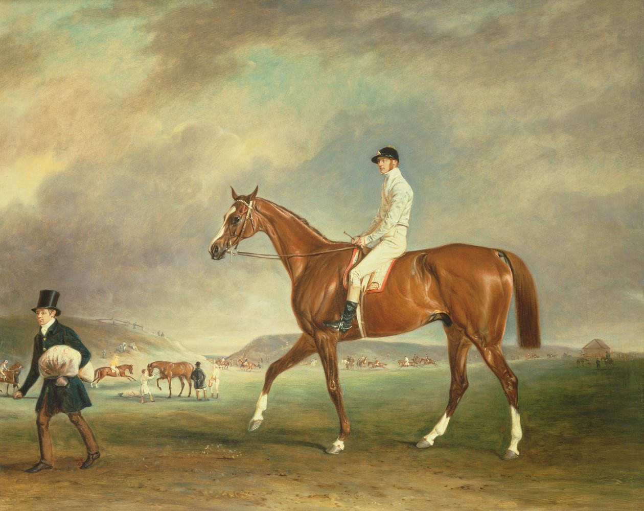 Cur-kastanje veddeløpshest med jockey oppe på Newmarket Heath av John E. Ferneley