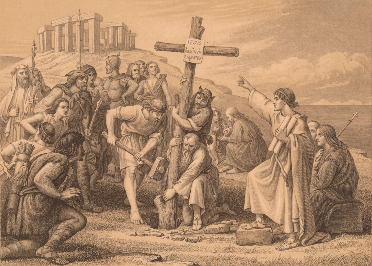 'Den første forkynnelsen av kristendommen i Storbritannia', ca 1900 av John Easton