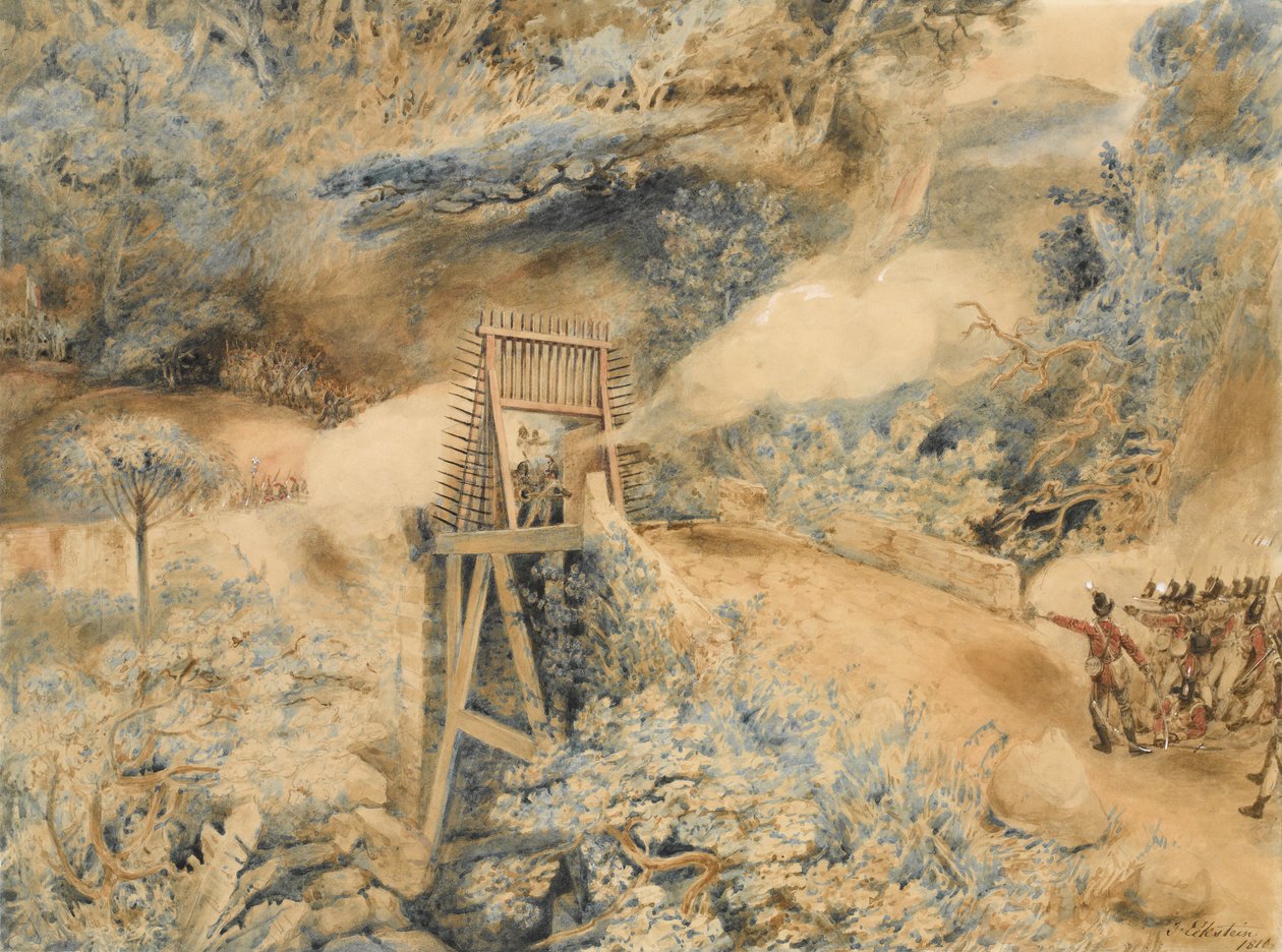 Det tredje vestindiske regimentet skyter mot franske tropper ved et brohode, på Ile de Cabret eller Terre d'en Haut, april 1809 av John Eckstein