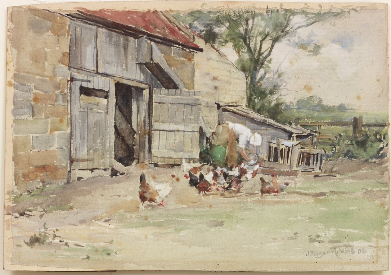 Feeding the Hens, 1909 (wc på papir) av John Edgar Mitchell