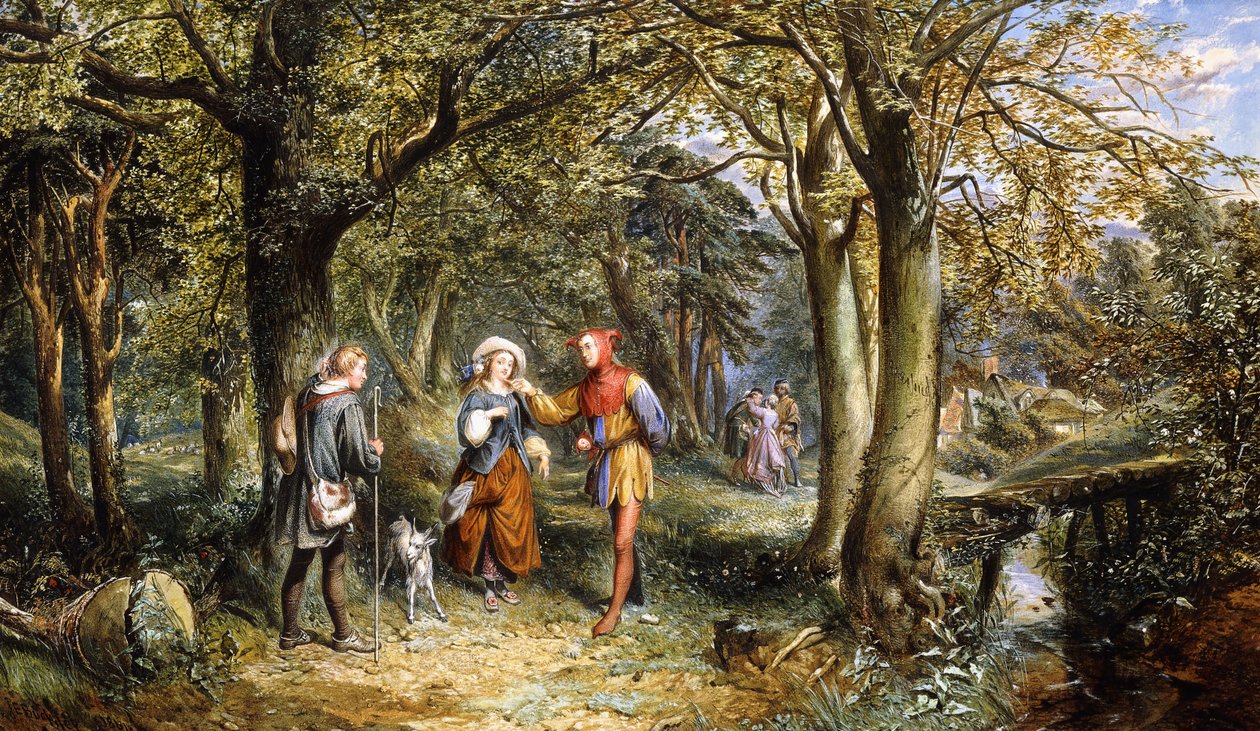 En scene fra "As You Like It": Rosalind, Celia og Jacques i The Forest of Arden, 1864 av John Edmund Buckley