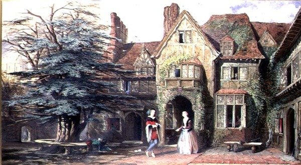 Eksteriør av Stoke House, med figurer av John Edmund Buckley