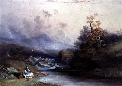 Utsikt over en fjelltorrent, med to kvinnelige figurer, 1800-tallet av John Edmund Buckley