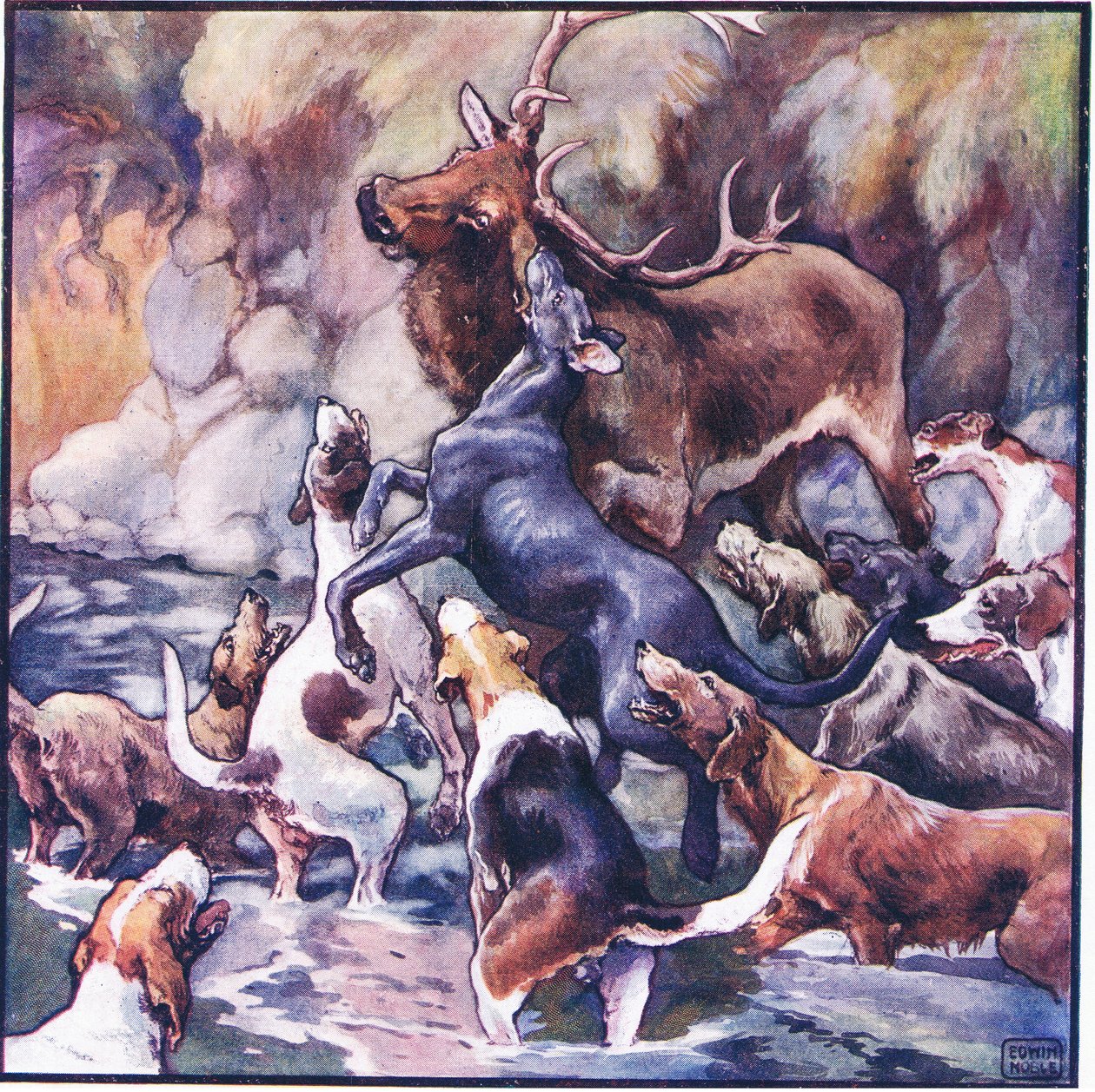 En enorm kamp fant sted, hele flokken er over ham (farge litho) av John Edwin Noble