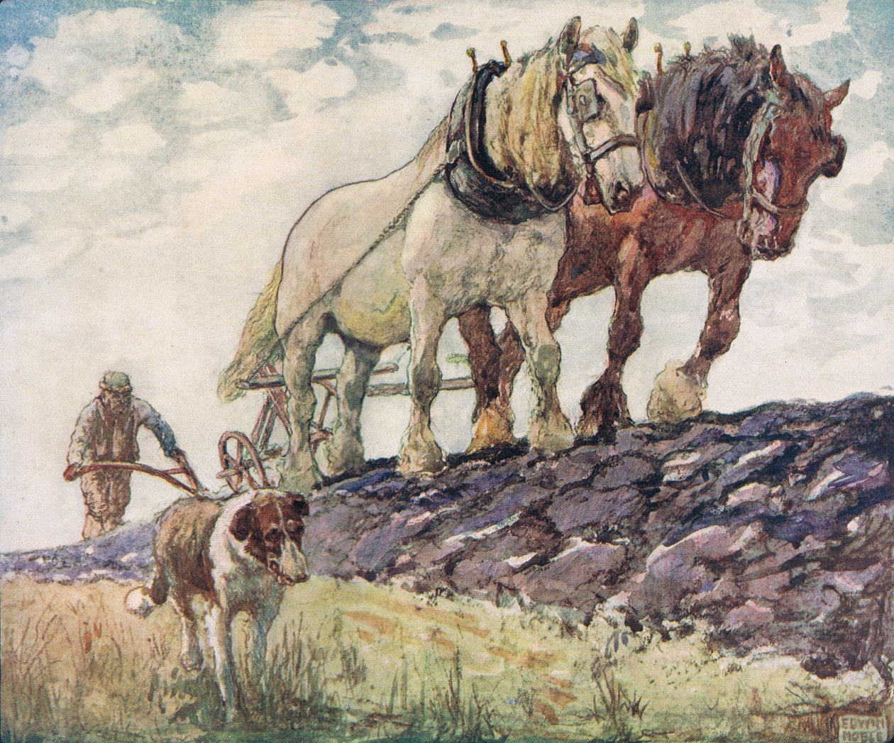 Pløying av åkeren, illustrasjon fra 'Helpers Without Hands' av Gladys Davidson, utgitt i 1919 (farge litho) av John Edwin Noble