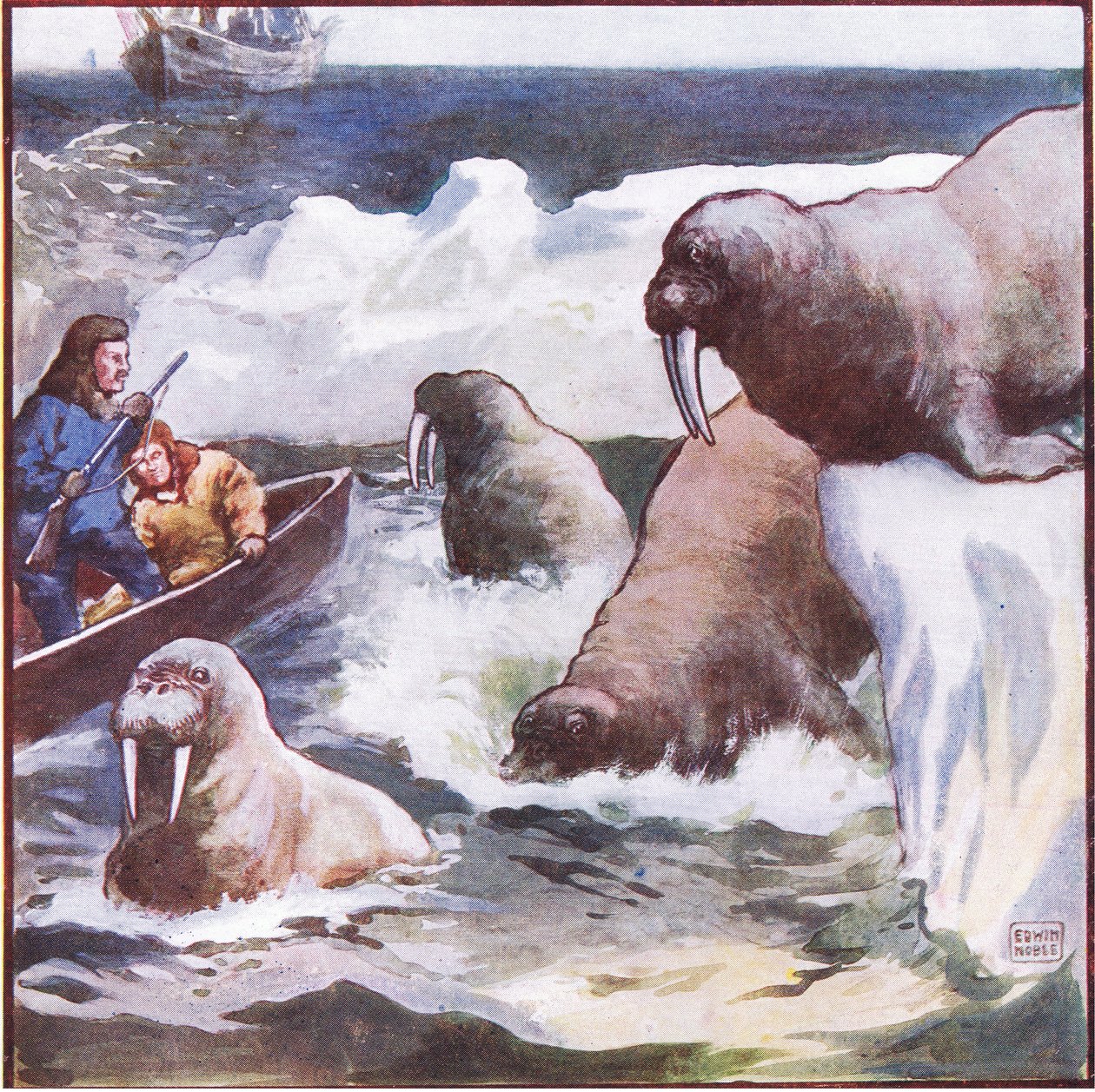 De kolossale skapningene vred seg rundt med utrolig fart (farge litho) av John Edwin Noble
